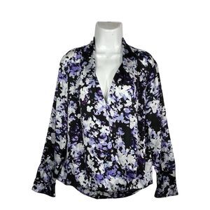 Apt. 9 Surplice Faux Wrap Blouse XL Purple Floral Snaps Long Sleeve Top Career